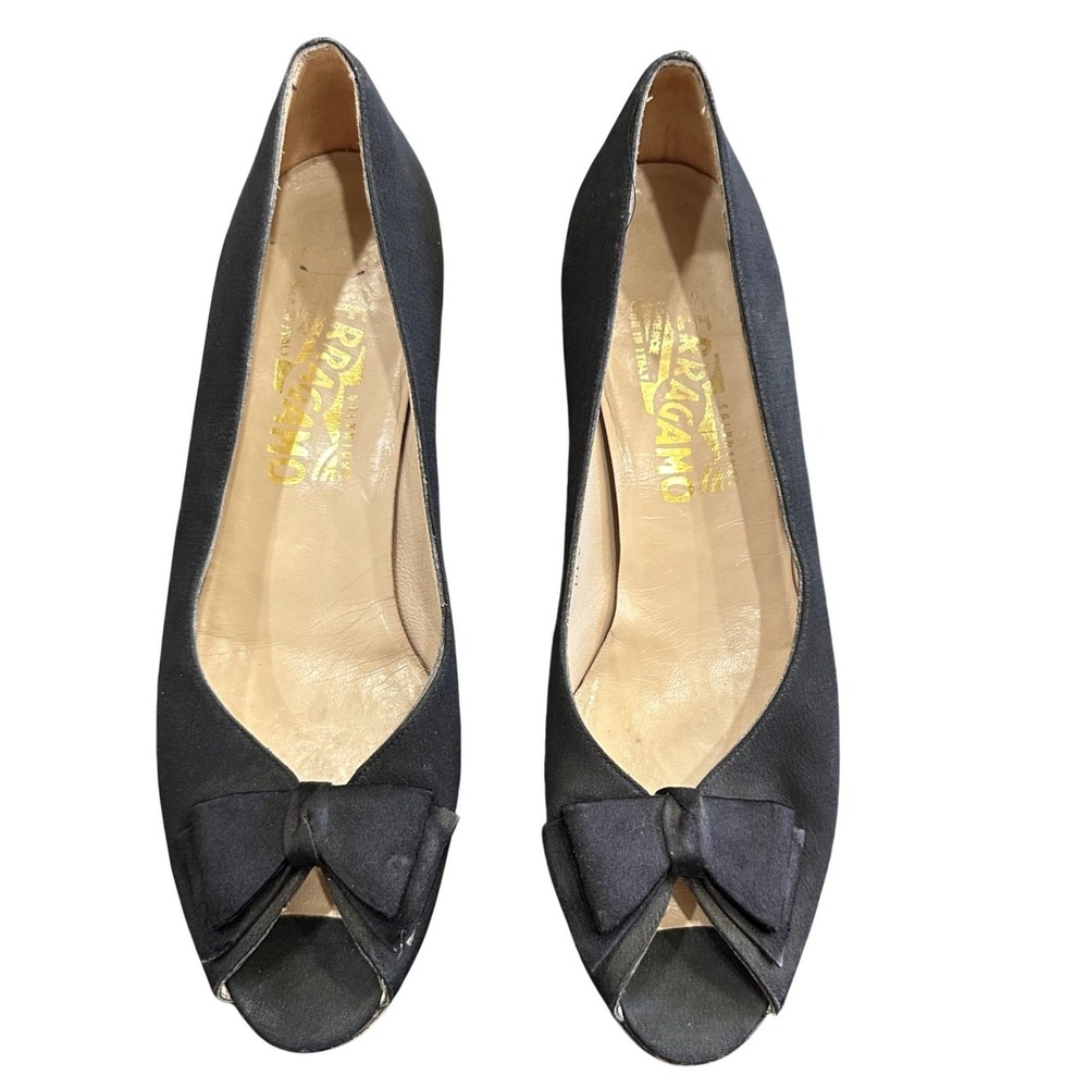 Salvatore Ferragamo Womens Black Satin Bow Peep Toe Pumps Heels  8
